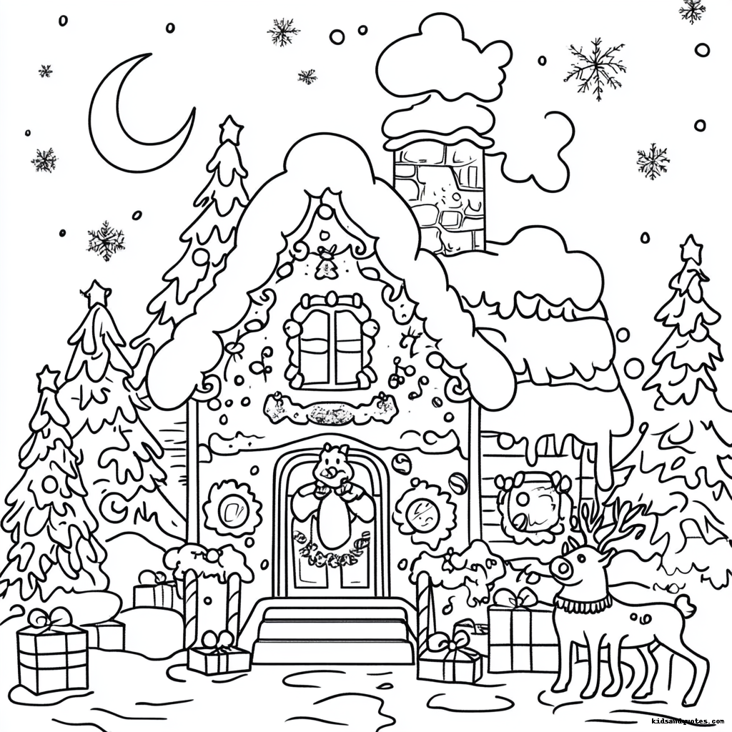 Festive gingerbread house coloring page filled with holiday magic, featuring Santa peeking through the window and a cheerful reindeer standing nearby.