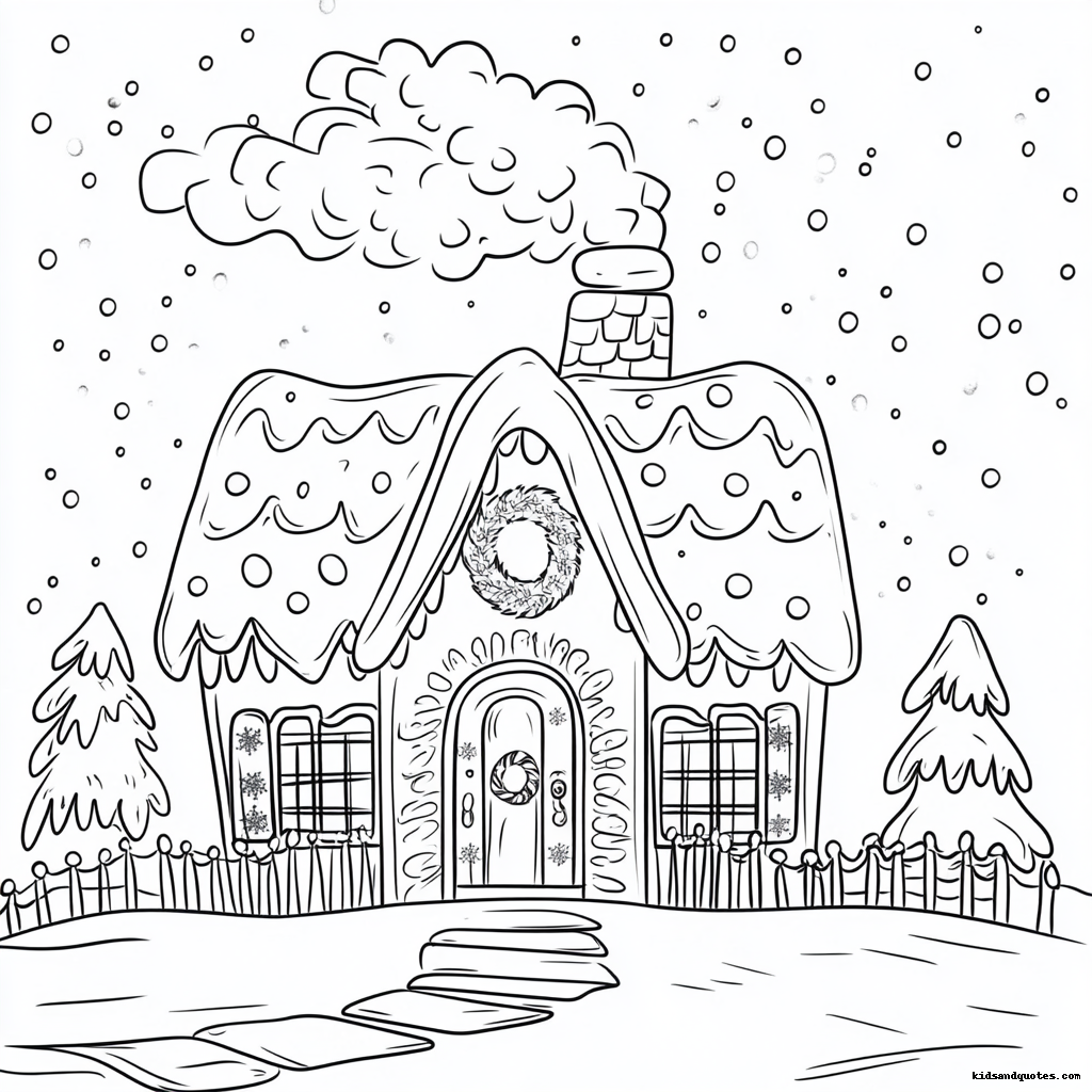 A gingerbread house coloring page captures the magic of winter with its snow-covered roof, festive wreath, and charming holiday details.