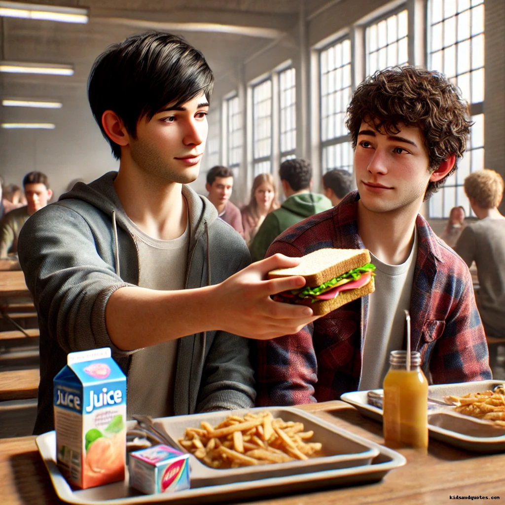 A boy offering sandwich to his friend at lunch.