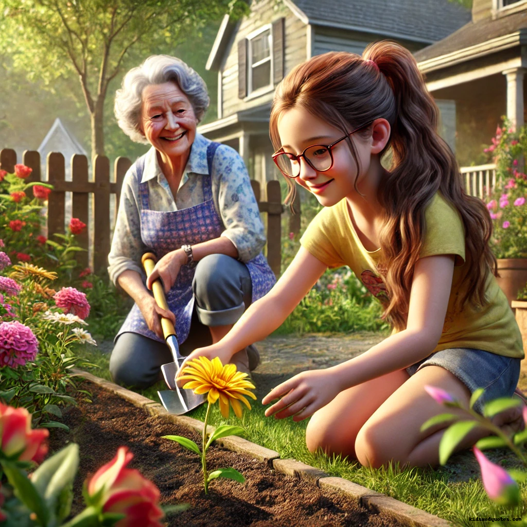 A little girl and an old woman working in a garden looking at a flower.