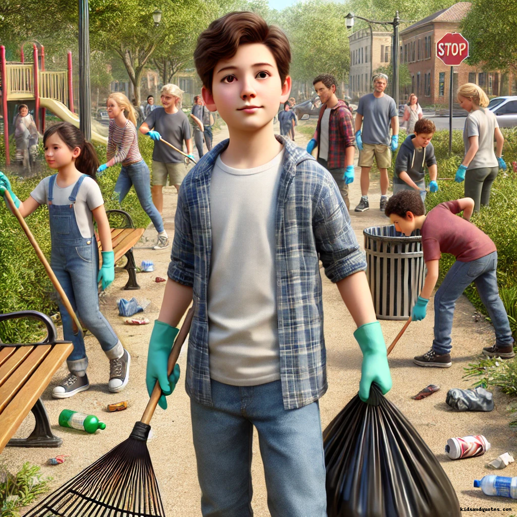 People taking part in the community clean up activity, and a boy posing with disposable bags in his hand - a very short story on kindness with moral