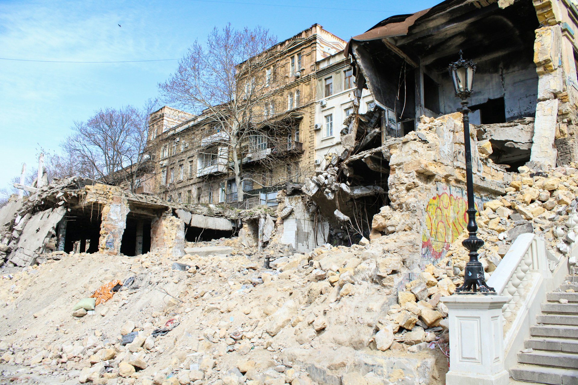 Earthquake demolished buildings.