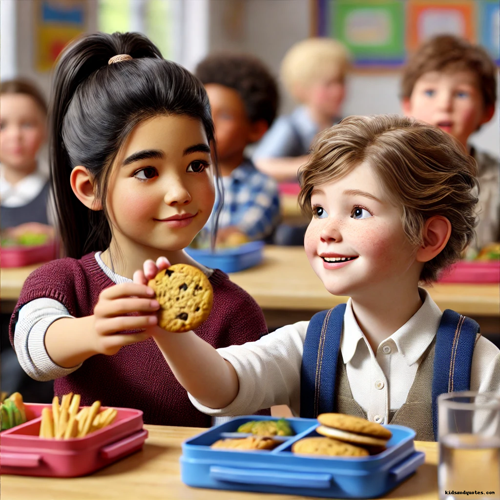 Two little kids sharing cookies at lunch.