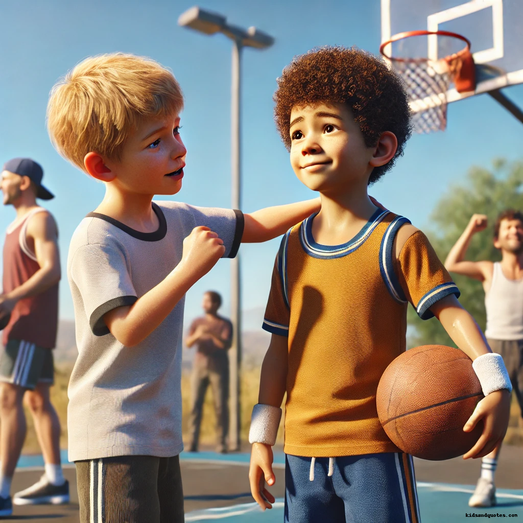 Two little boys talking in a basketball court.