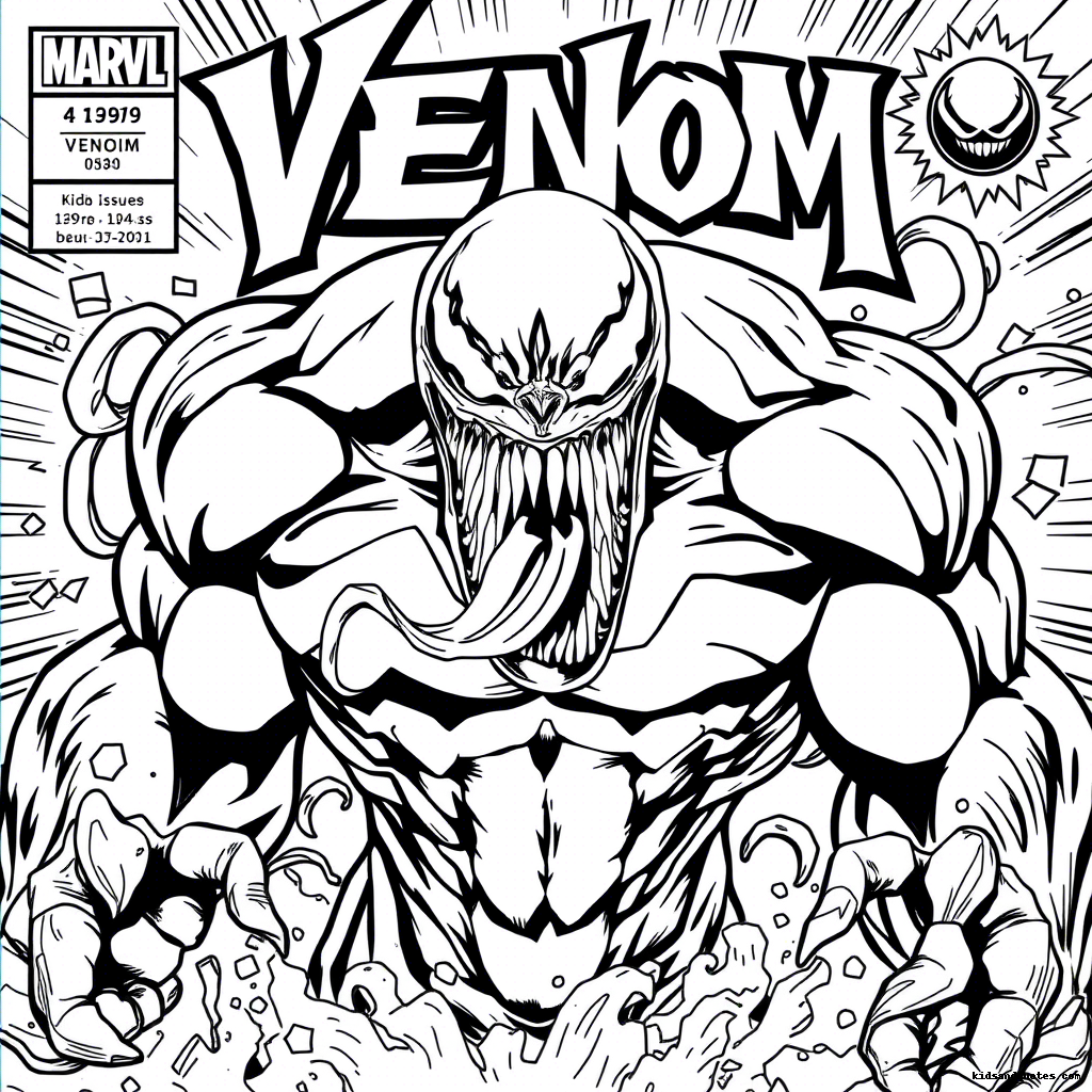 Venom in a bold pose, on a Marvel comics styled cover page.