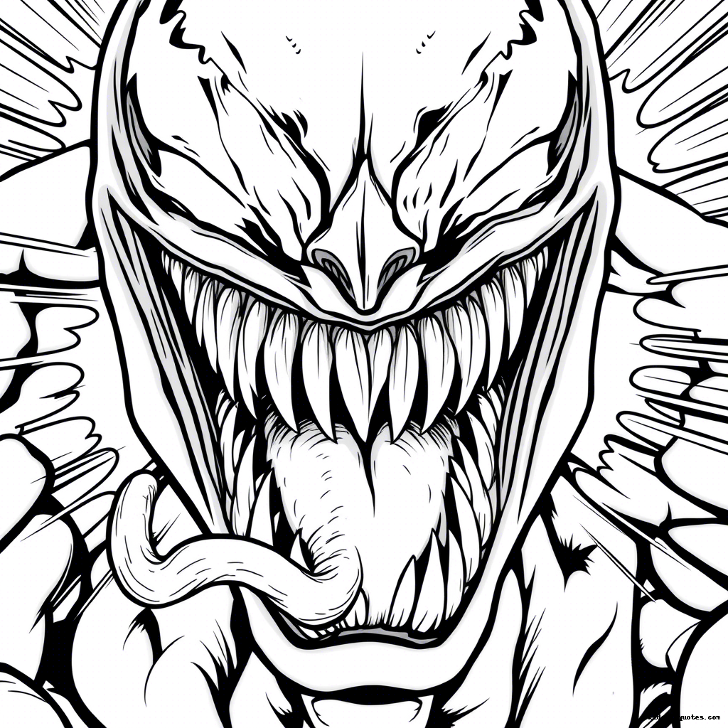 Venom's face in extreme closeup with a terrifying grin and sharp fangs.