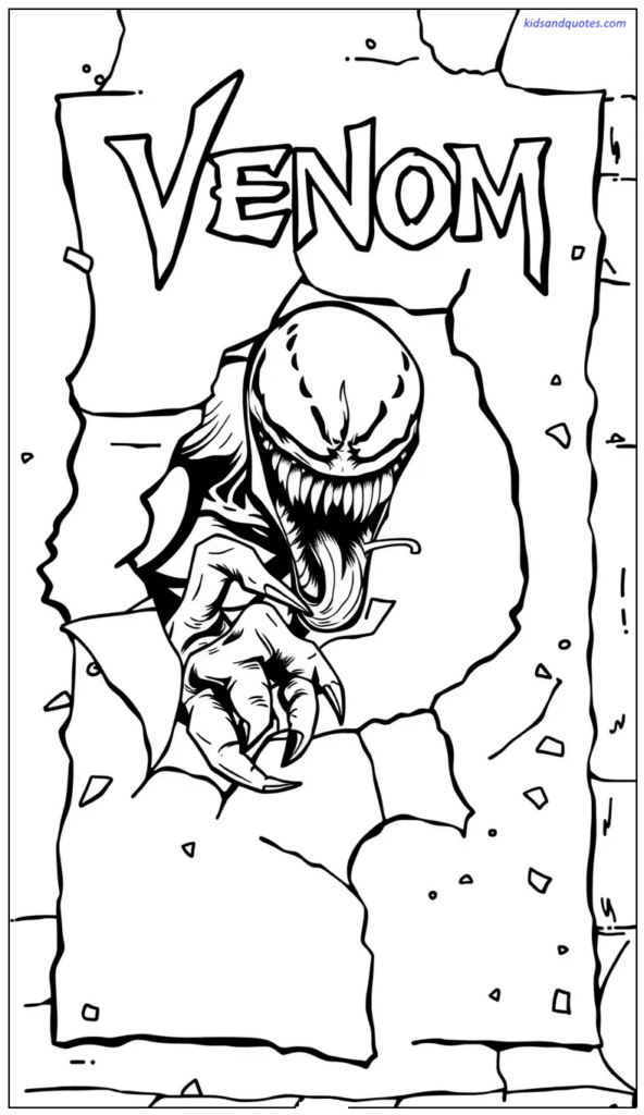 Coloring page of Venom peeking through a ripped city poster or wall banner.
