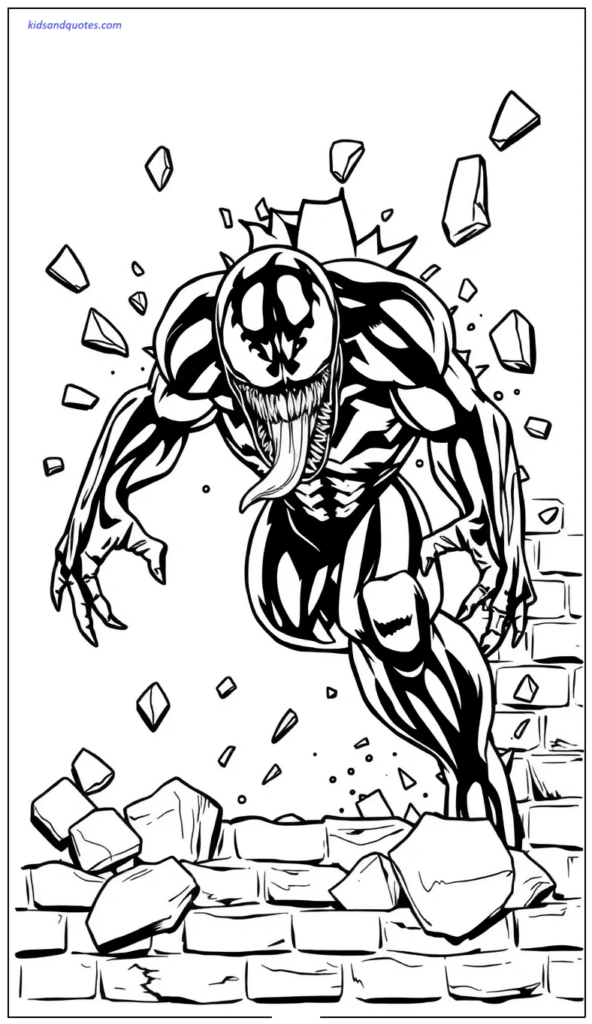 Coloring page of Venom bursting through a cracked brick wall with dramatic comic energy.