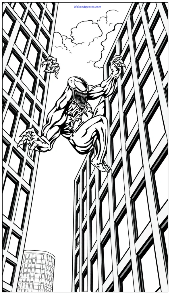 Coloring page of Venom climbing the side of a tall building with clawed hands.