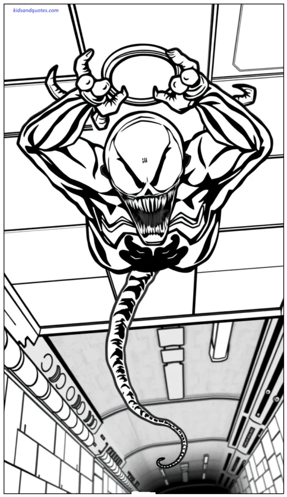 Coloring page of Venom crawling upside down across a ceiling in stealth mode.