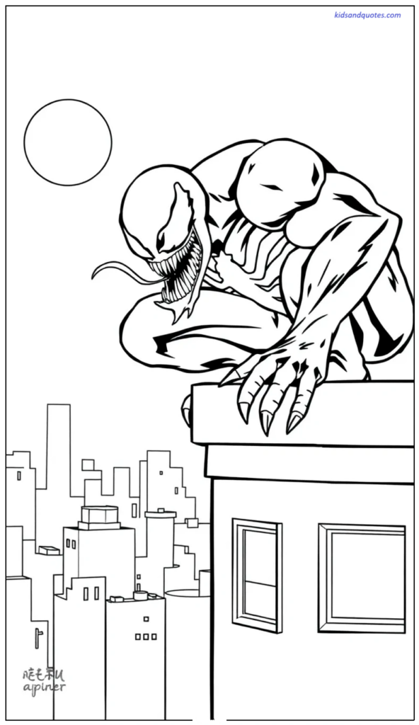 Coloring page of a Venom crouched on a rooftop, looking over the city like a shadowy protector.
