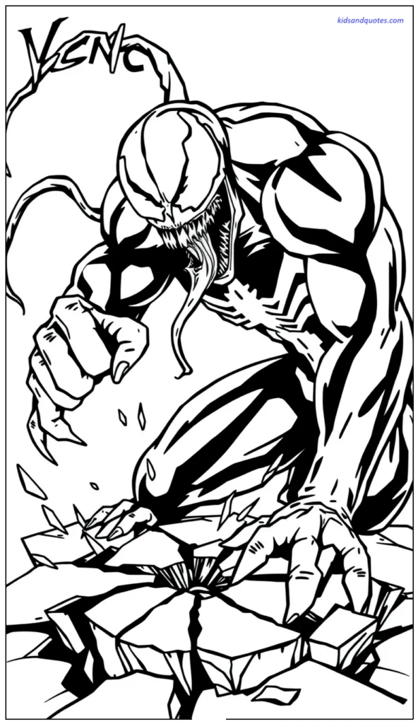 Venom punching cracked ground in a powerful superhero-style pose.