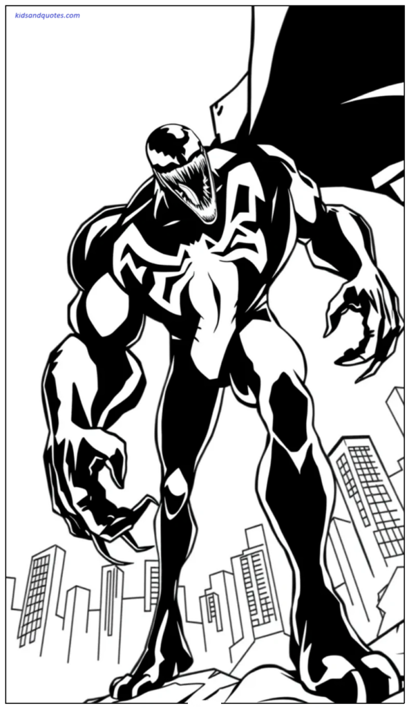 Coloring page of Venom shown from below, looking powerful and larger than life.