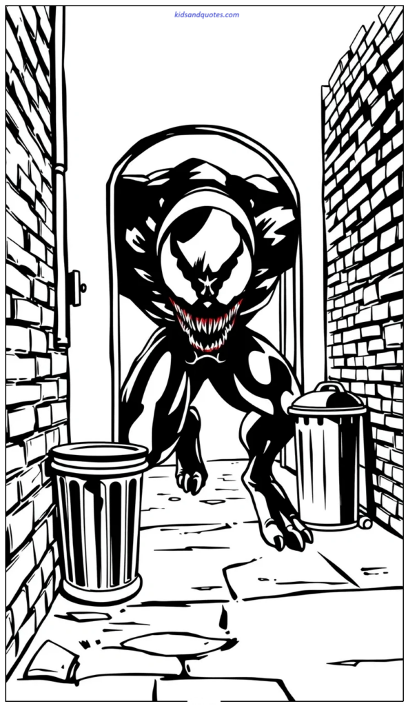 Coloring page of Venom stepping out from a dark alley shadow with glowing-style eyes.