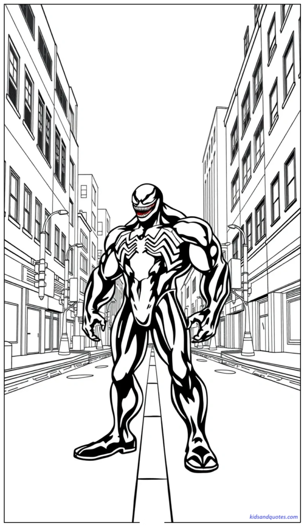 Coloring page of Venom standing watch on an empty city street at night.