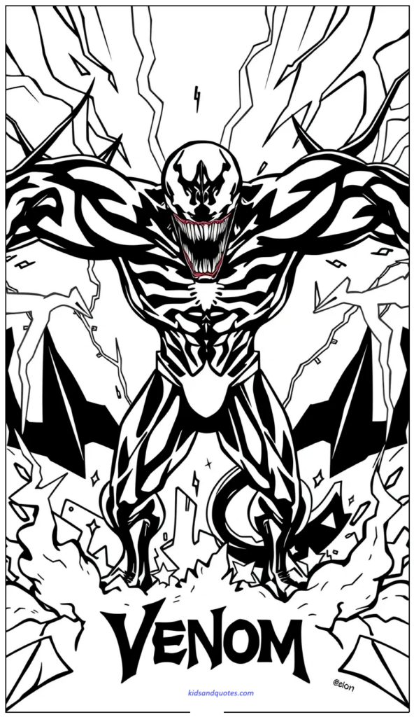 Venom in a bold poster-style layout with lightning and graphic shapes.