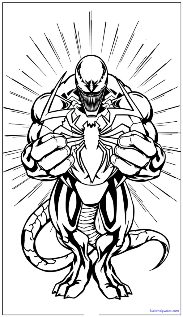Coloring page of Venom holding a cracked spider-shaped emblem in a dramatic pose.