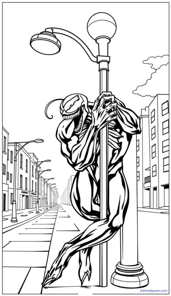Free coloring page: Venom gripping a streetlight pole in a night city scene.