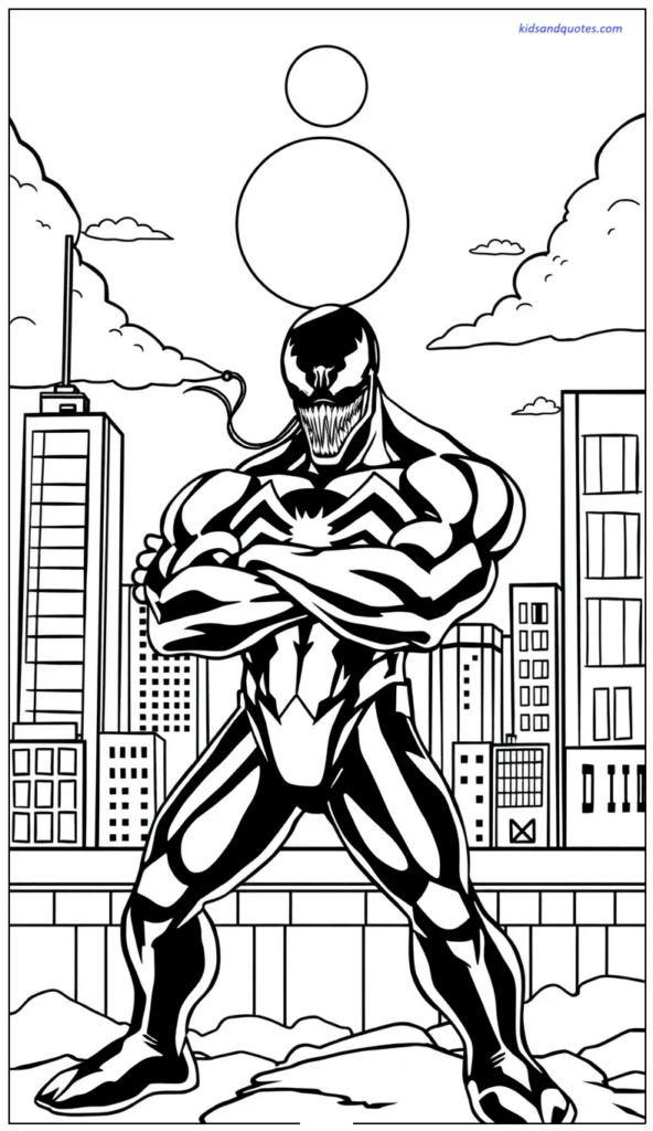 Venom standing in front of a dramatic city skyline.