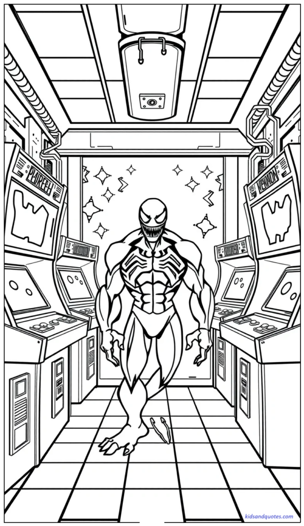Coloring page of  Venom standing inside a retro arcade with game machines around him.