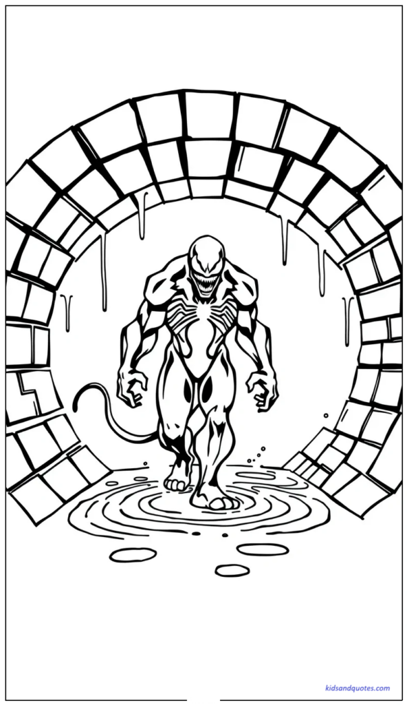 Venom walking through a round sewer tunnel with water lines.