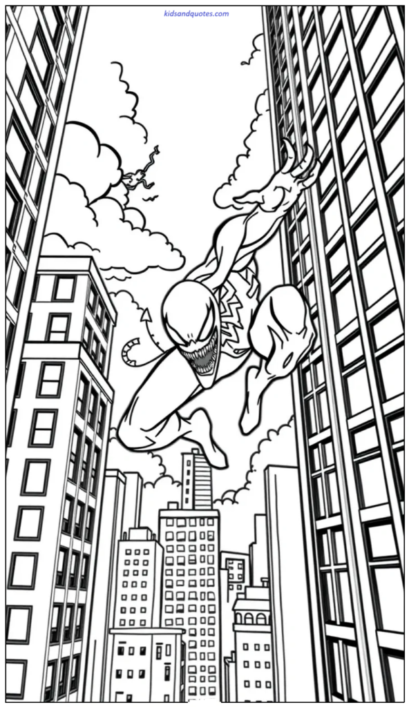 Coloring page of Venom jumping across rooftops between tall city buildings.