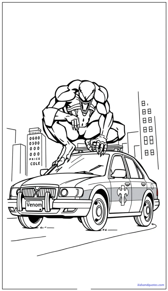 Coloring page of Venom crouched on top of a police car in a comic action scene.