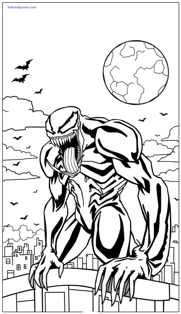 Venom roaring dramatically beneath a full moon on a rooftop.