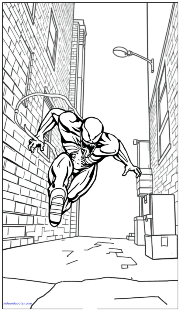 Venom sprinting through a narrow city alley with motion lines.