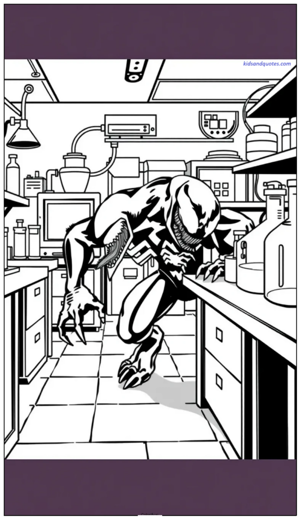Coloring page of Venom moving quietly through a science lab with simple equipment.