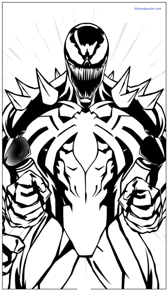 Coloring page of Venom wearing a dramatic symbiote armor look with safe spiky shapes.