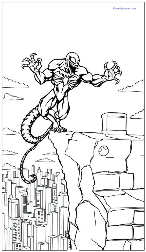 Venom balanced on a cracked rooftop edge above the city.