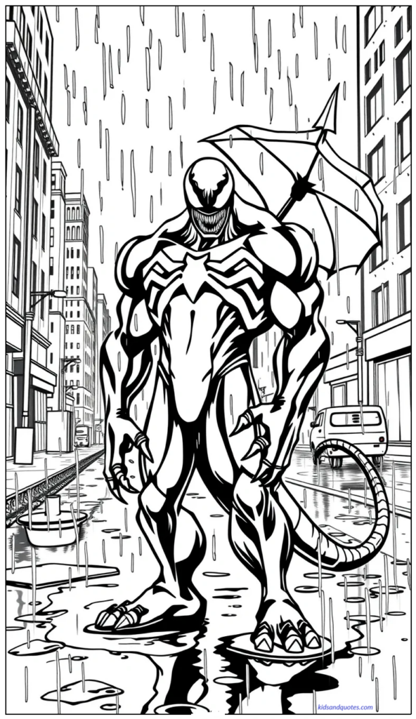 Coloring page of Venom standing calmly in heavy rain with a dramatic city background.