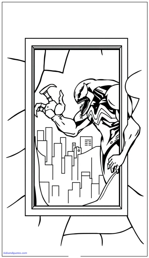 Venom standing inside a cracked window frame overlooking the city.