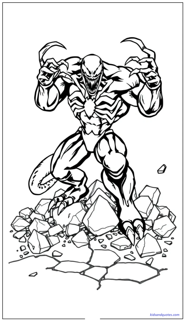 Venom standing on a pile of broken stones and cracked ground.