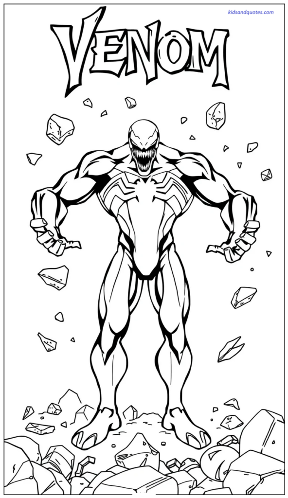Free printable of Venom standing powerfully while safe debris floats around him.