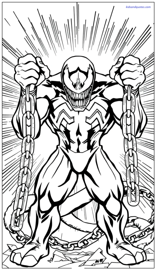 Venom snapping broken chains in a powerful pose.