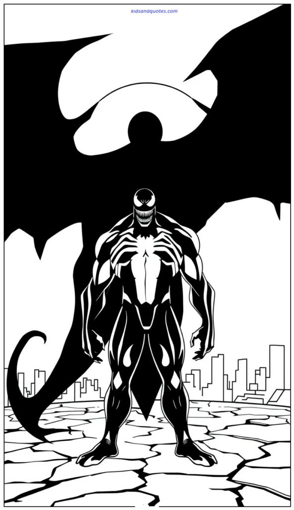 Coloring page of Venom standing with a huge dramatic shadow shape behind him.