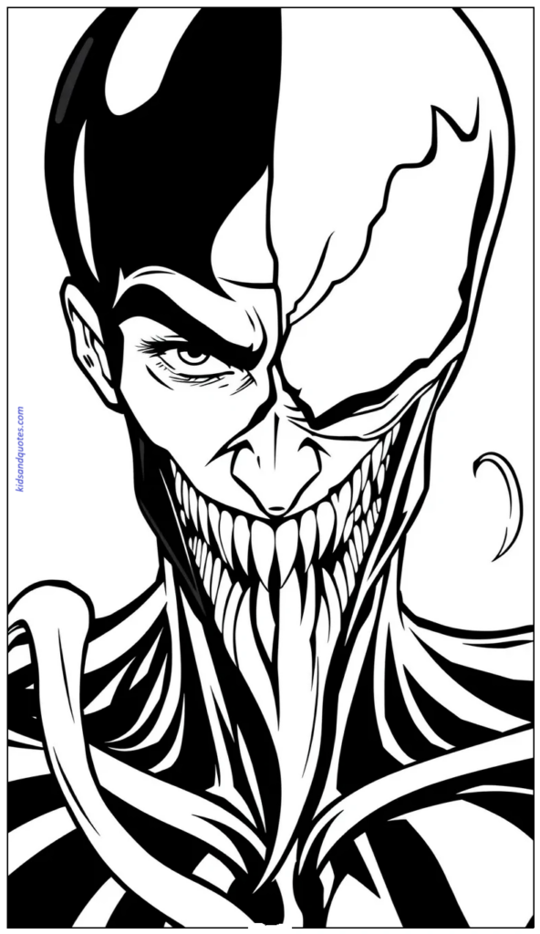A split-face Venom concept showing human and symbiote sides.