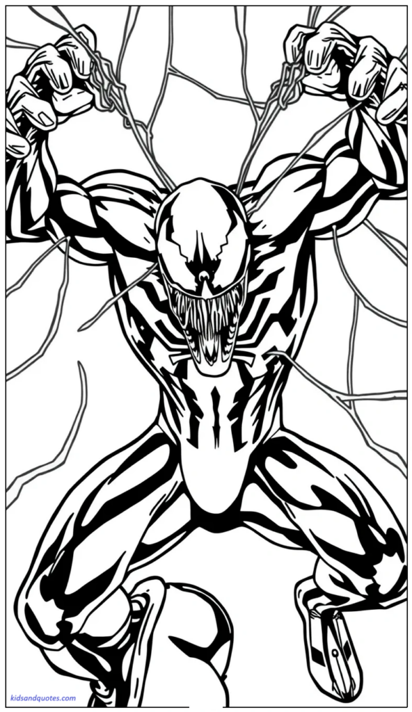 Coloring page of Venom breaking free from web-like strands.