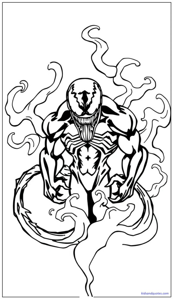 Coloring page of venom surrounded by swirling smoke-like shapes.