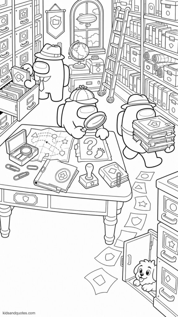 Coloring page inside the Airship Records room. Three detective-like Among Us crewmates searching through tall file cabinets, shelves, folders, and rolled maps. One crewmate uses a magnifying glass to inspect a mysterious document, another pulls open an overflowing drawer, and the third balances a stack of folders. 