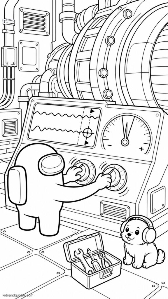 Coloring page focused on a crewmate aligning the output of a large spaceship engine. The crewmate turning two oversized adjustment dials while watching a screen with two wavy lines gradually matching. 