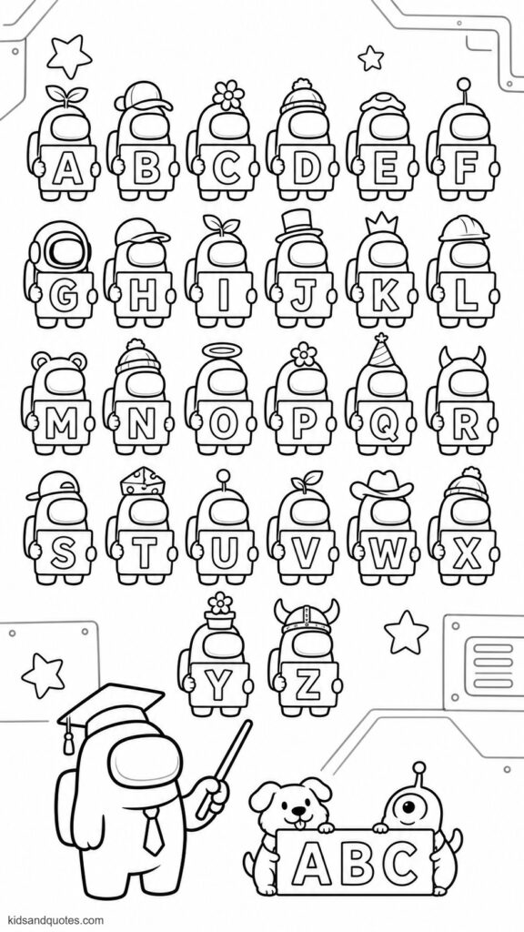 Coloring page featuring 26 miniature Among Us crewmates arranged in orderly rows. 