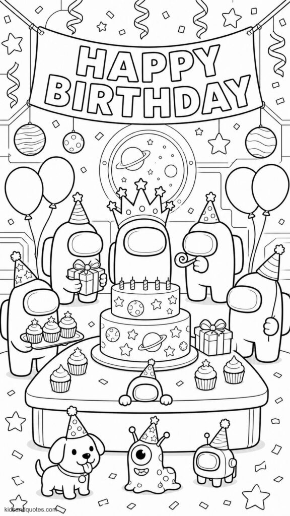 coloring page showing Among Us crewmates gathered around a large cake. Place a birthday crewmate in the center wearing a party crown while friends present gifts, blow party horns, and hold balloons.