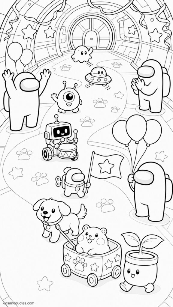 Coloring page showing a joyful parade of Among Us pets marching down a spaceship corridor - a small one-eyed alien, robot pet, tiny UFO, miniature crewmate, dog-like pet, hamster-like pet, floating blob, and plant-like pet, all redesigned as friendly rounded characters.