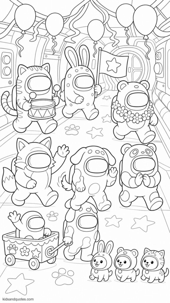 Coloring page showing a parade of Among Us crewmates wearing cute animal costumes. Featuring cat, bunny, bear, fox, puppy, and panda-inspired suits, each with visible visors and soft rounded ears, tails, paws, and simple pattern details.