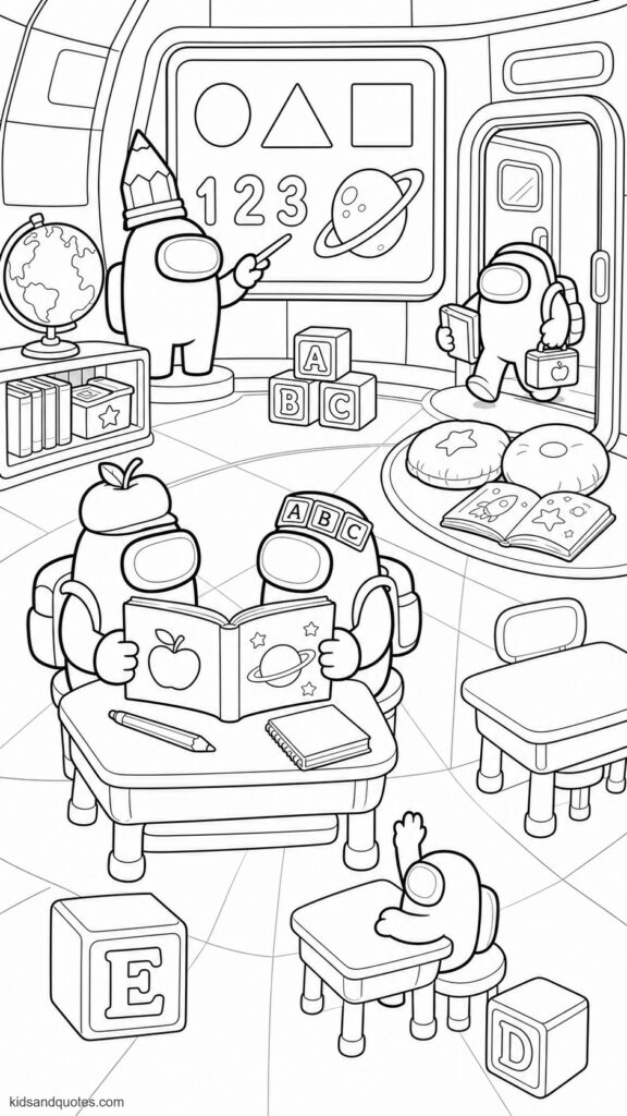 Coloring page showing young Among Us crewmates arriving at a spaceship classroom. Give them backpacks, books, pencils, lunch boxes, and simple school-themed hat accessories.