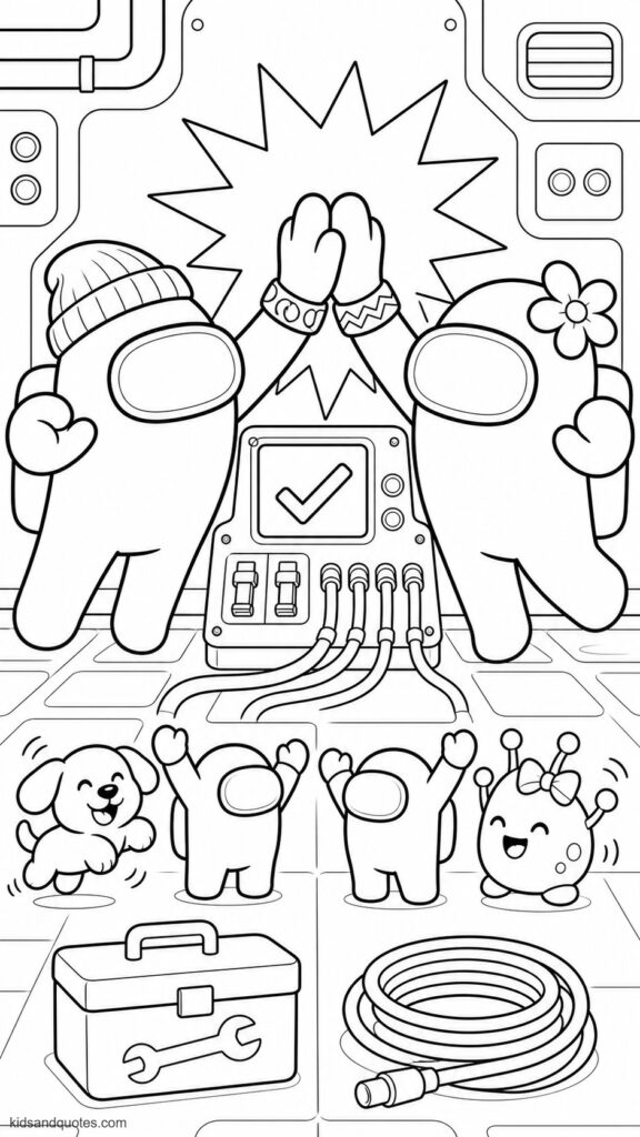 Coloring page showing two Among Us crewmates giving each other an enthusiastic high-five after completing a task. 