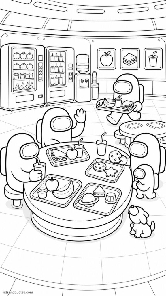 Coloring page showing Among Us crewmates enjoying lunch in the spaceship cafeteria. Four crewmates around a large round table with simple food trays containing sandwiches, fruit, drinks, and space-themed snacks.